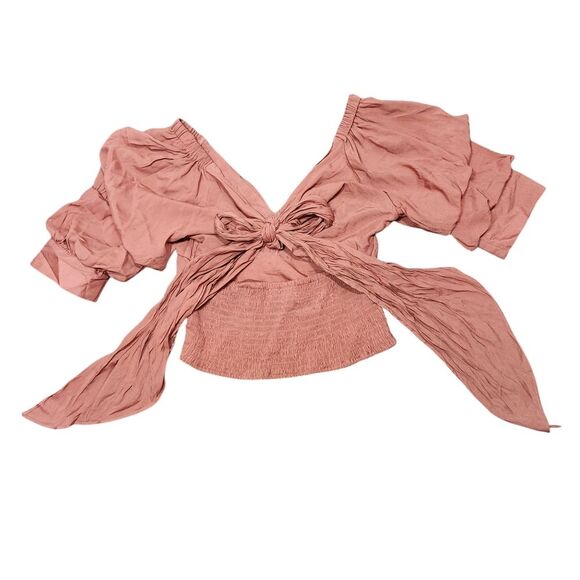 Vestique Top Burnt Orange V Neck Puffed Sleeve Pleated Tie Back Fairy Corset S - Picture 10 of 16